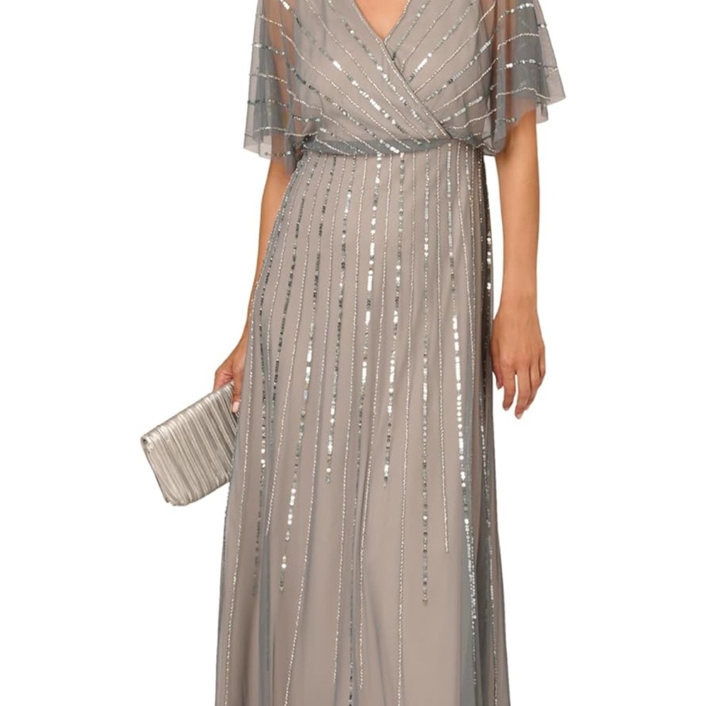 Adrianna Papell Silver Taupe Sequin Wrap Maxi Dress